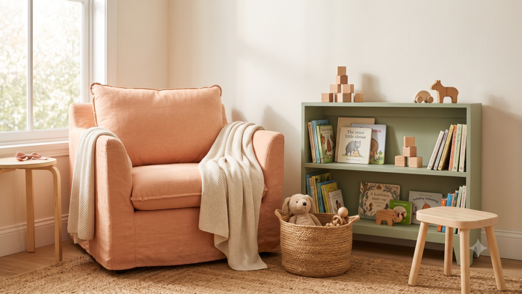Warm reading nook with a peach armchair and wooden toys, representing the Playful Minds Lab approach