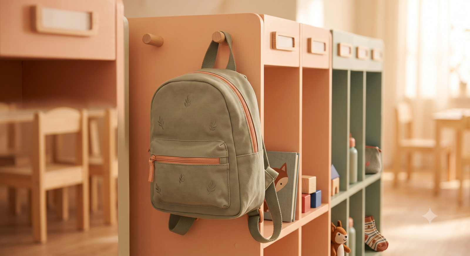 Small daycare backpack hanging on a classroom hook for toddlers ages 1-5