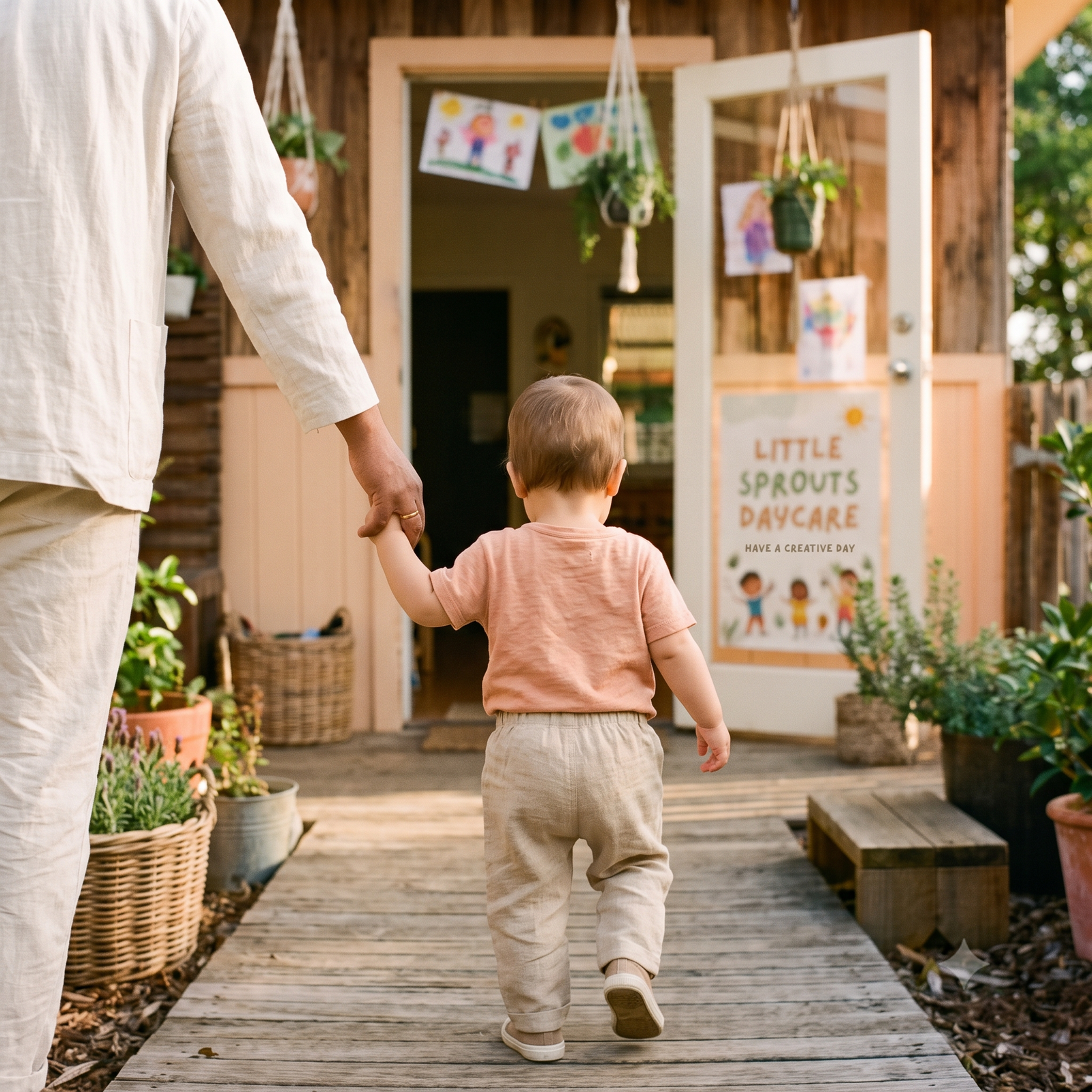 daycare drop off routine, parent and child hands walking to classroom