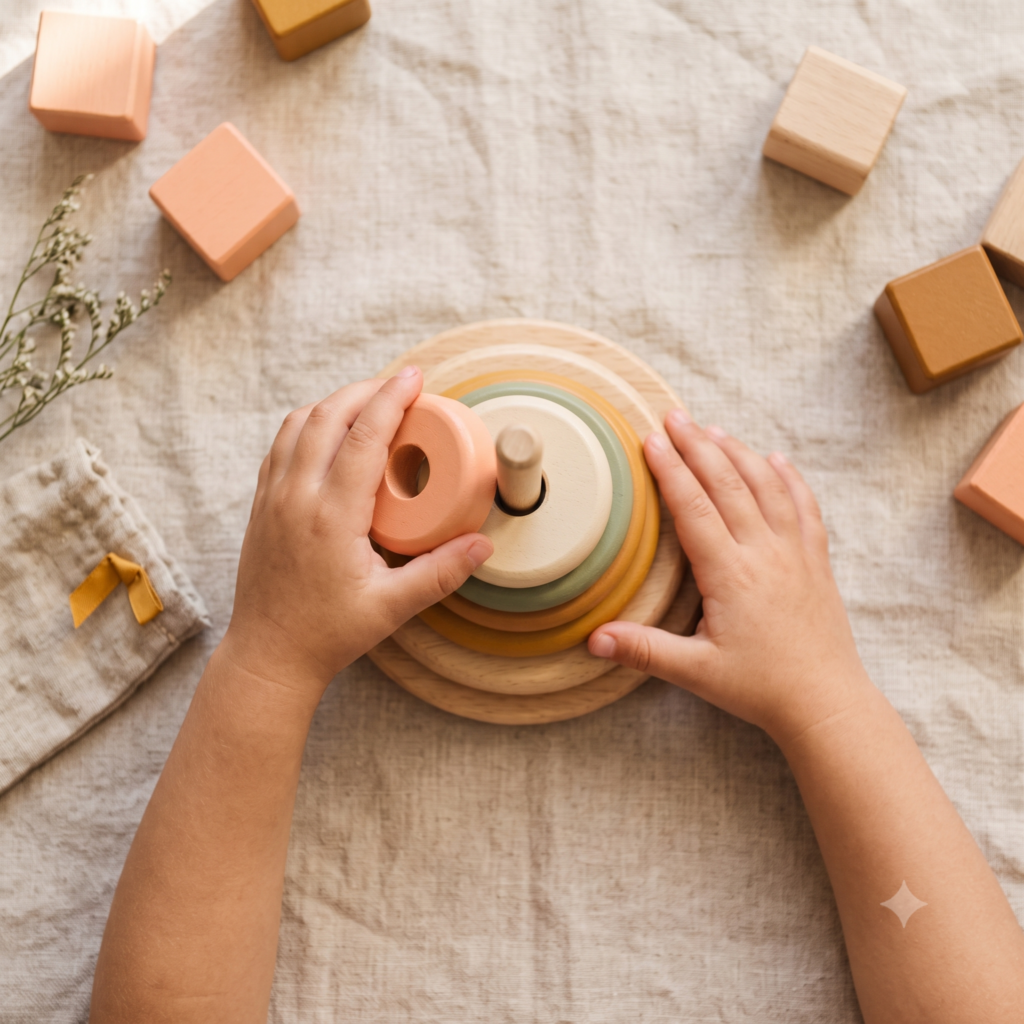 signs your child is ready for daycare, toddler stacking wooden toys with caregiver