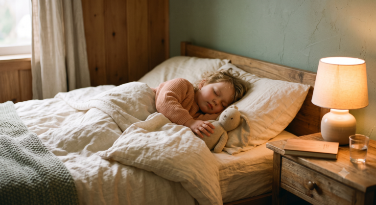 What to say the night before daycare - child sleeping peacefully with a stuffed toy at bedtime