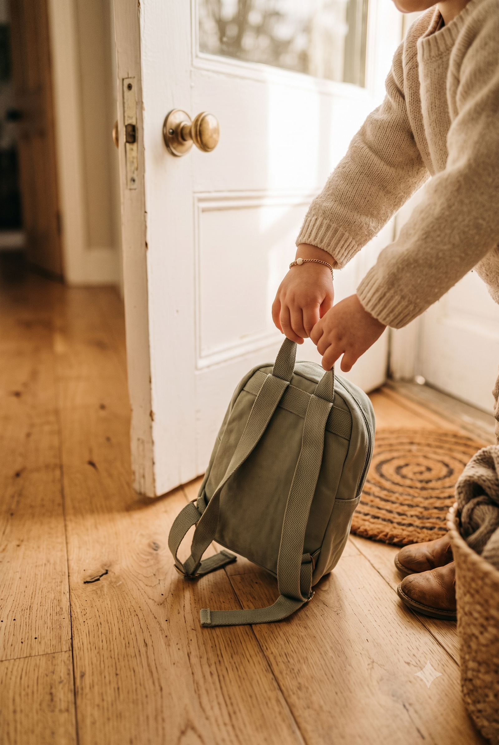 What to say the night before daycare - child holding backpack at the door in morning light