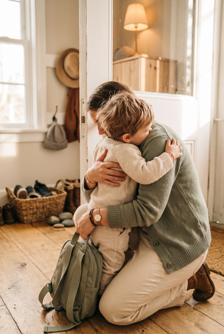 How long does separation anxiety last - parent hugging child goodbye at home entryway