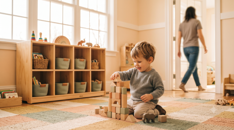 What happens after you leave at daycare - toddler playing with wooden blocks as a parent walks away