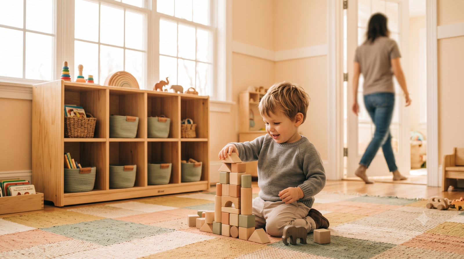 What happens after you leave at daycare - toddler playing with wooden blocks as a parent walks away