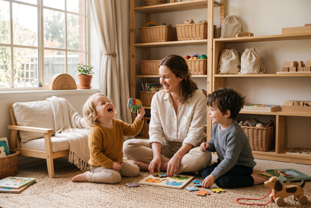 What happens after you leave at daycare - caregiver playing a puzzle game with two young children
