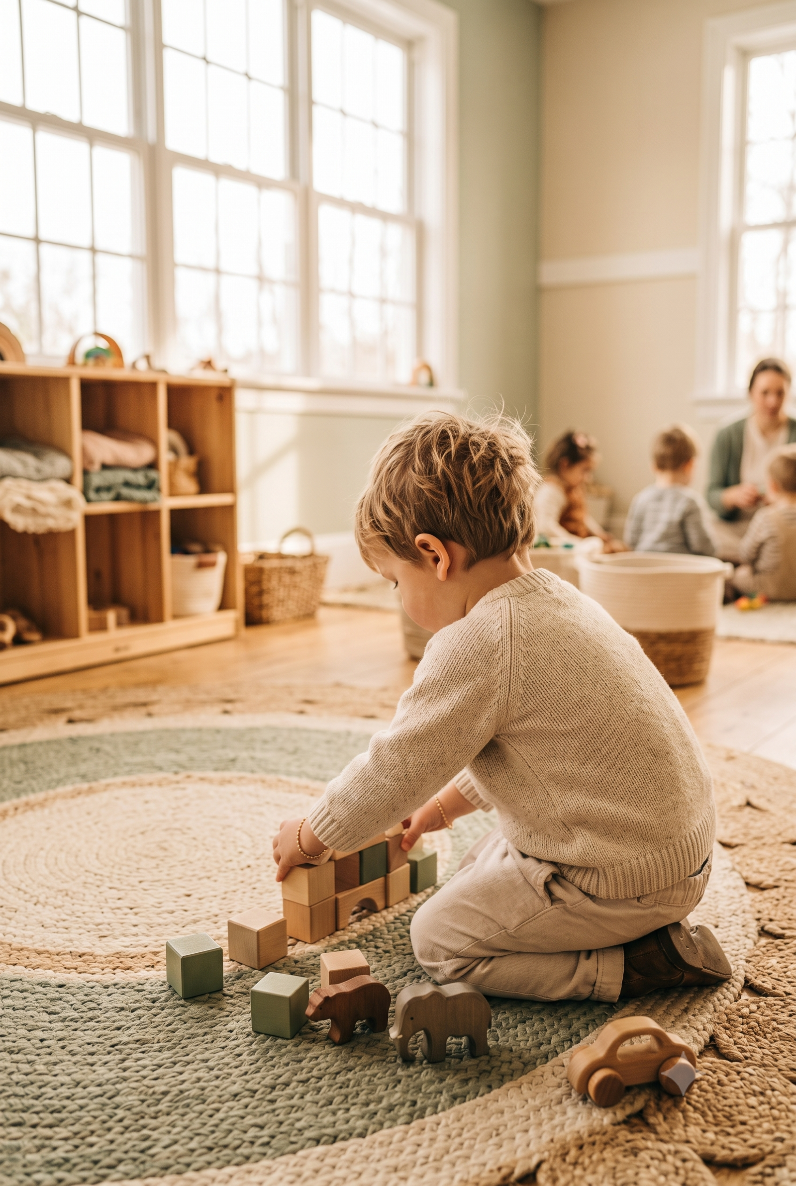 How long does separation anxiety last - child playing calmly with wooden blocks at daycare